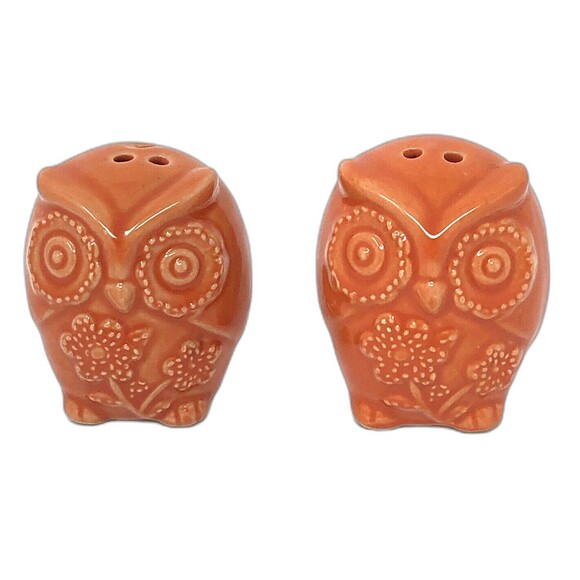 Owl Salt & Pepper Shaker Set Mini Orange Cute Ceramic Boho Retro Wise Bird - Picture 4 of 6